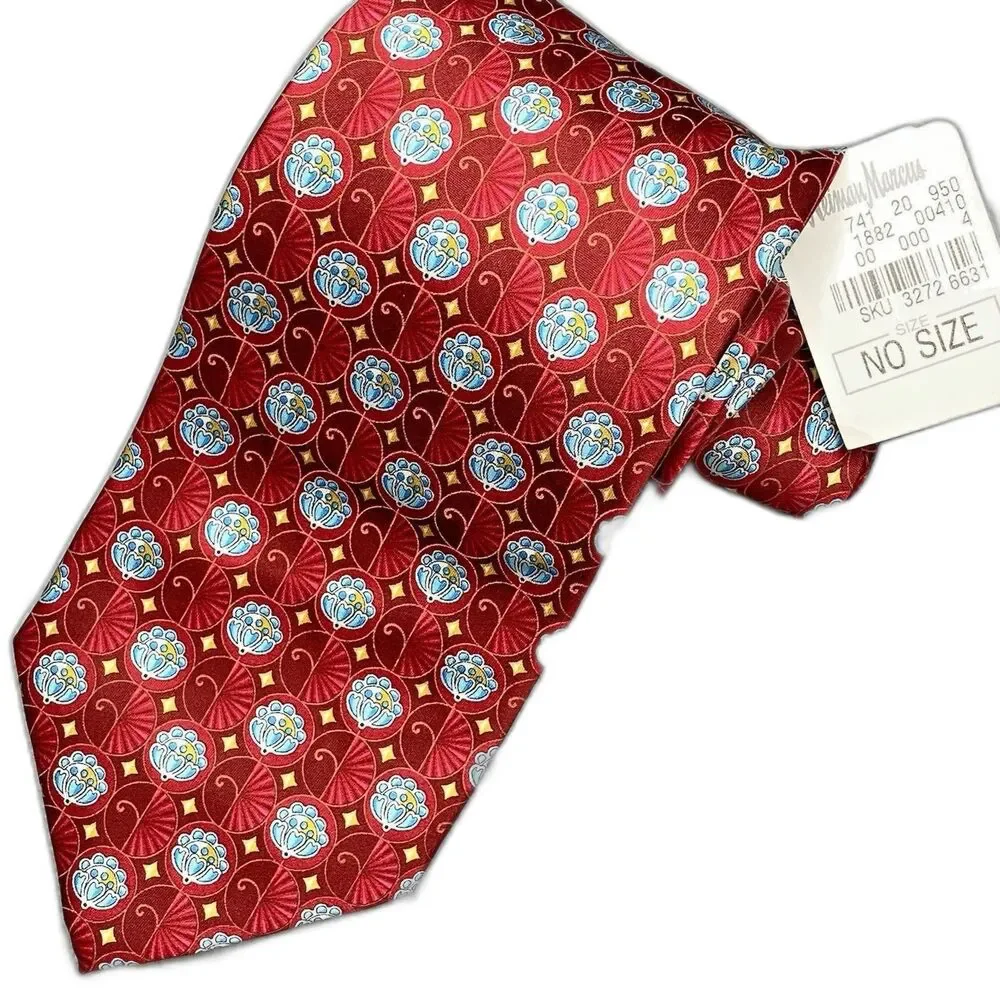 Faberge Silk Tie Vintage Neiman Marcus Floral Fan USA XL X-Long Red Blue NWT